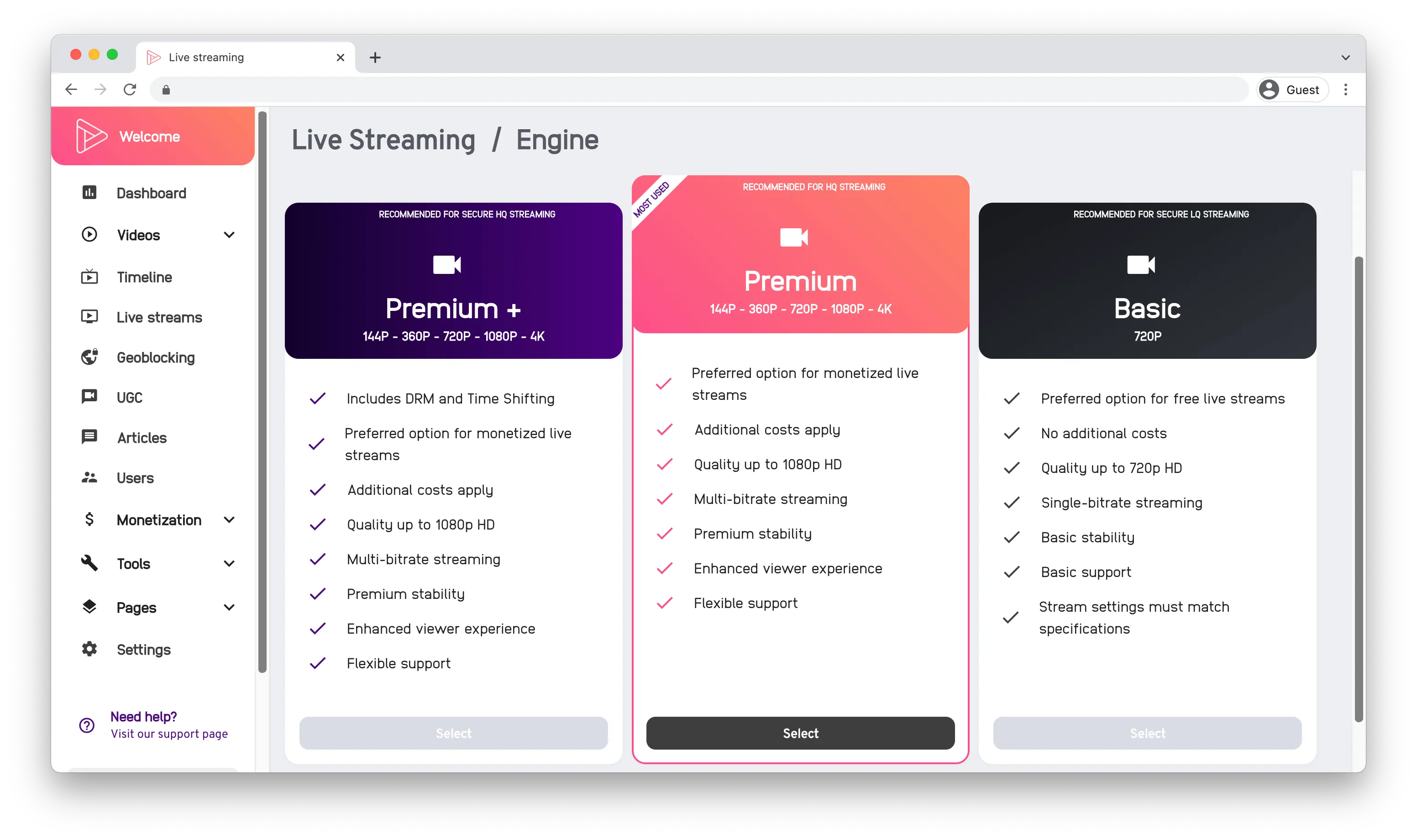 Tradecast content beheer systeem (management system) - Livestream mogelijkheden